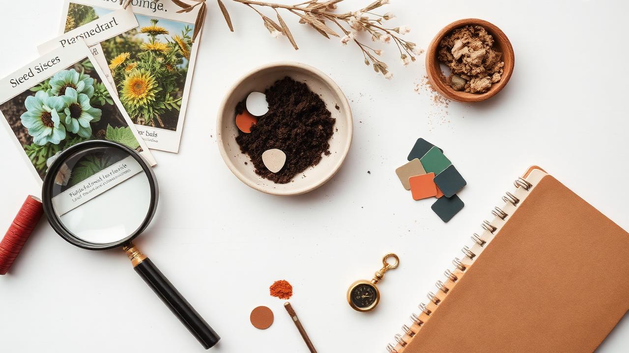 Flat lay of a magnifying glass, seed packets, soil sample and paint chips on white