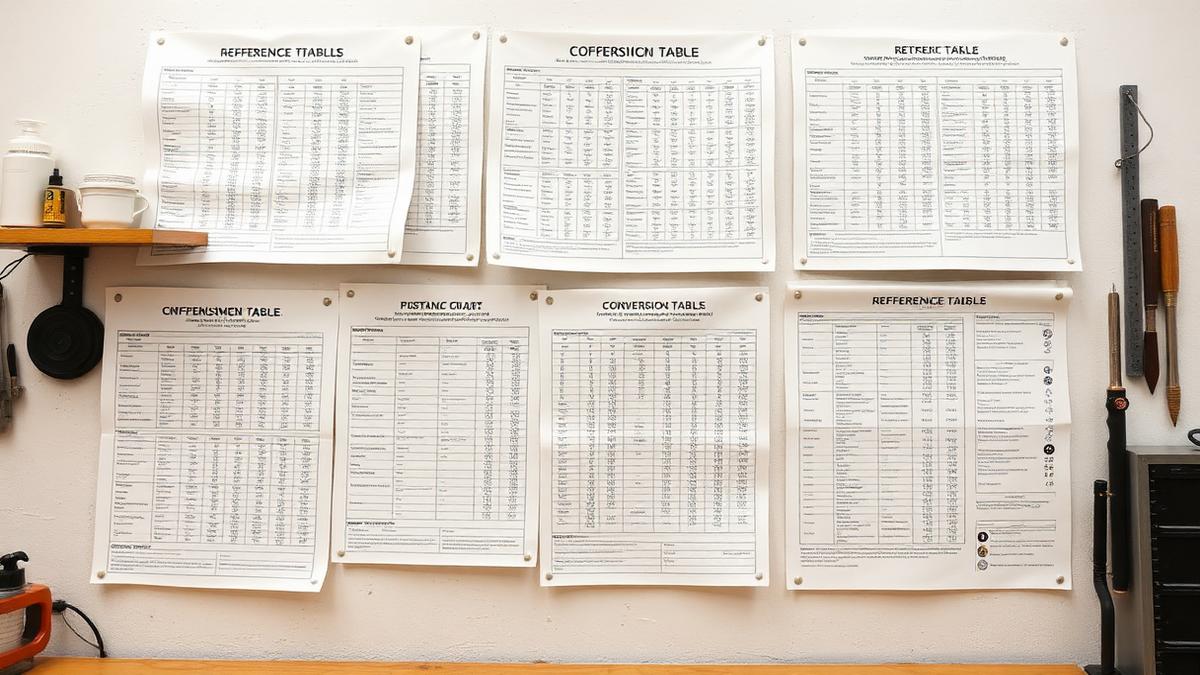Grid of reference tables and measuring tools laid out on a workbench