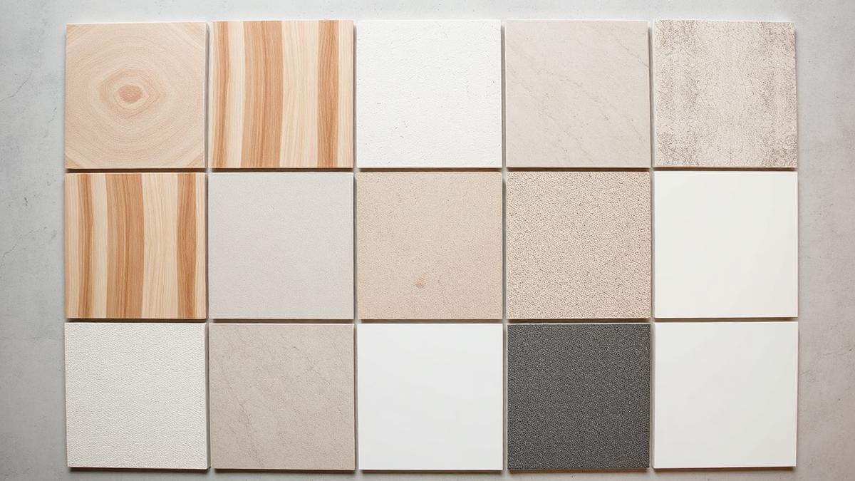 Samples of paint, tile, timber and flooring materials arranged side by side
