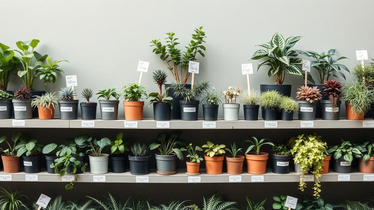 A row of labelled seedlings and houseplants on a potting bench