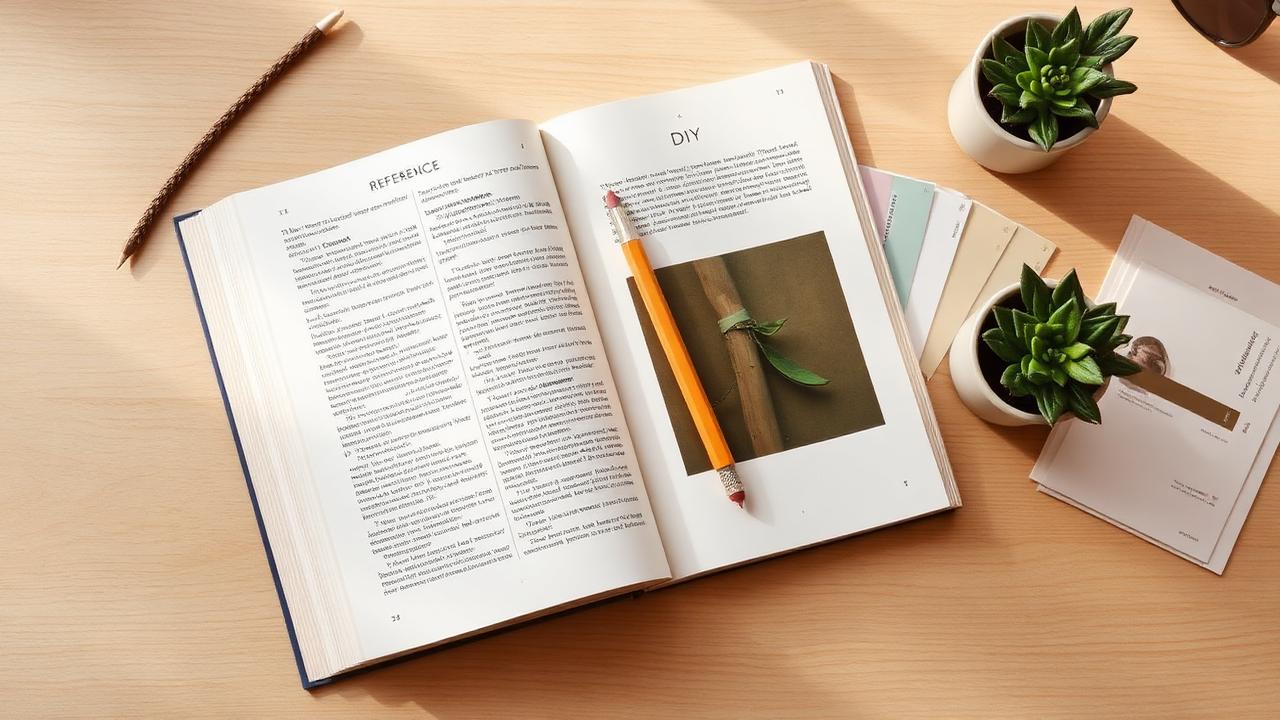 Open reference book, notes and swatch cards on a pale oak desk beside a potted plant