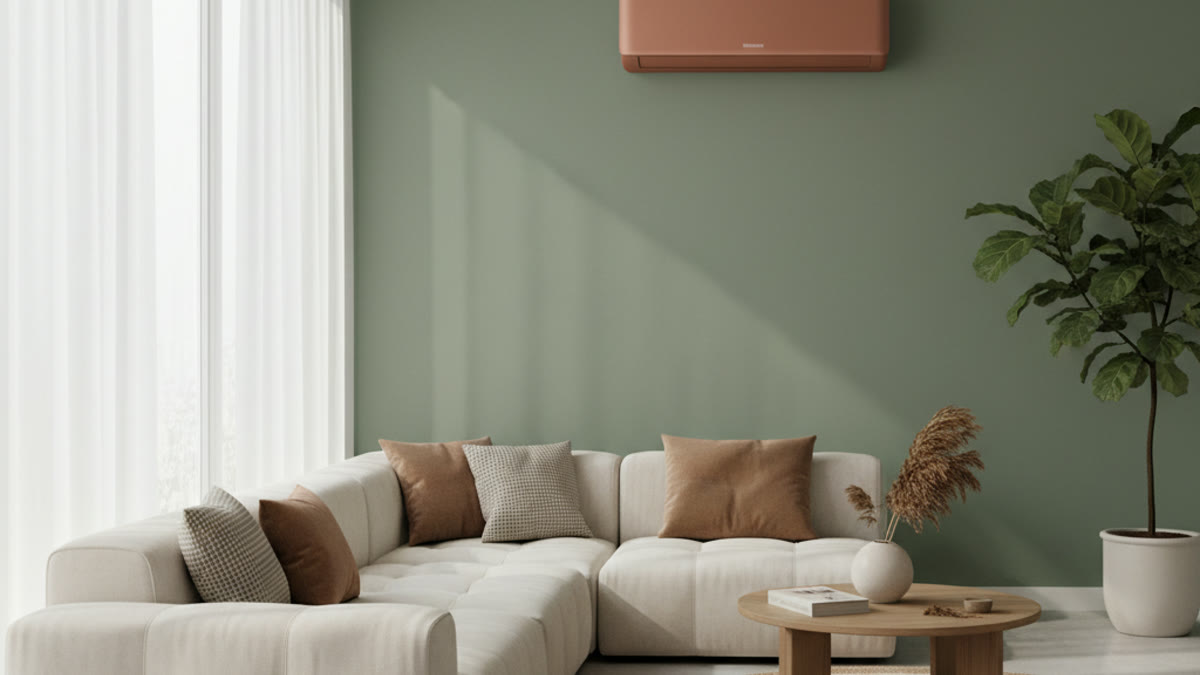Wall-mounted AC unit cooling a bright living room