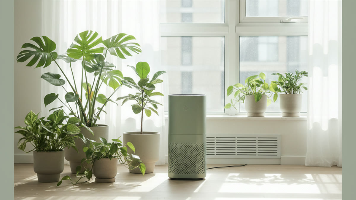 Air purifier and open window ventilating a living room