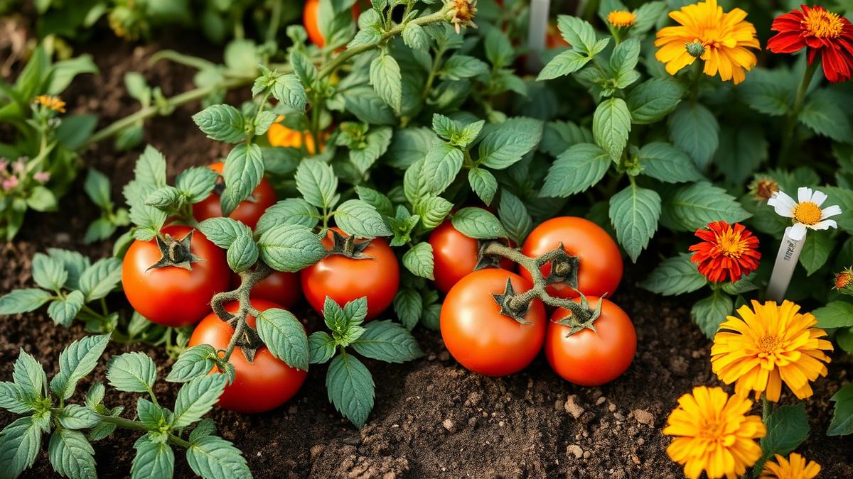 Tomatoes, basil and marigolds growing together in one bed