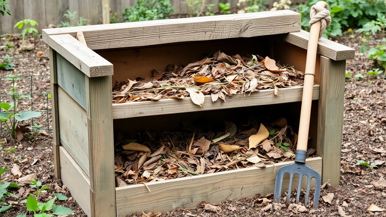 Layered compost bin with kitchen scraps and dry leaves