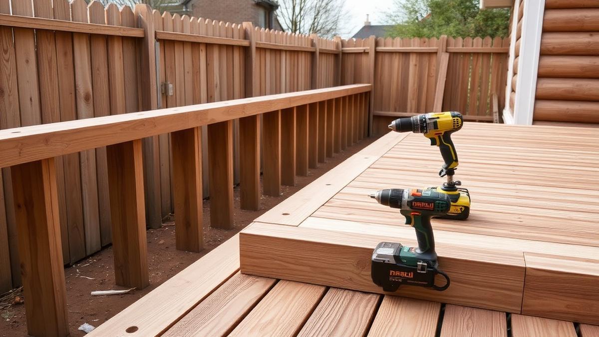 Timber deck under construction next to a new fence