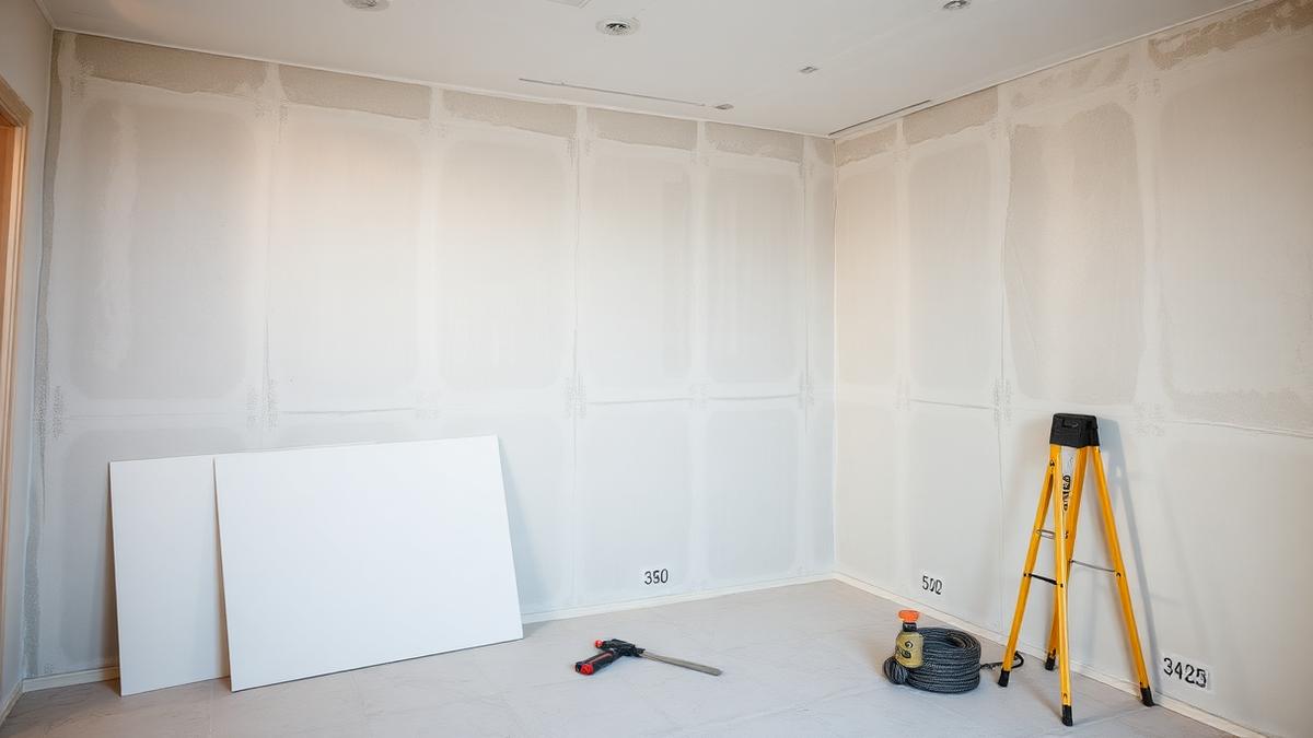 Drywall sheets stacked beside a newly framed interior wall