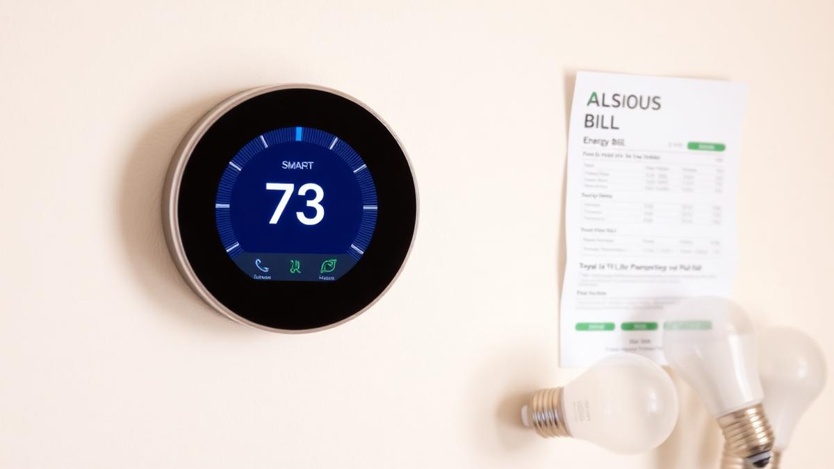 Smart thermostat on a wall beside an energy bill and LED bulbs