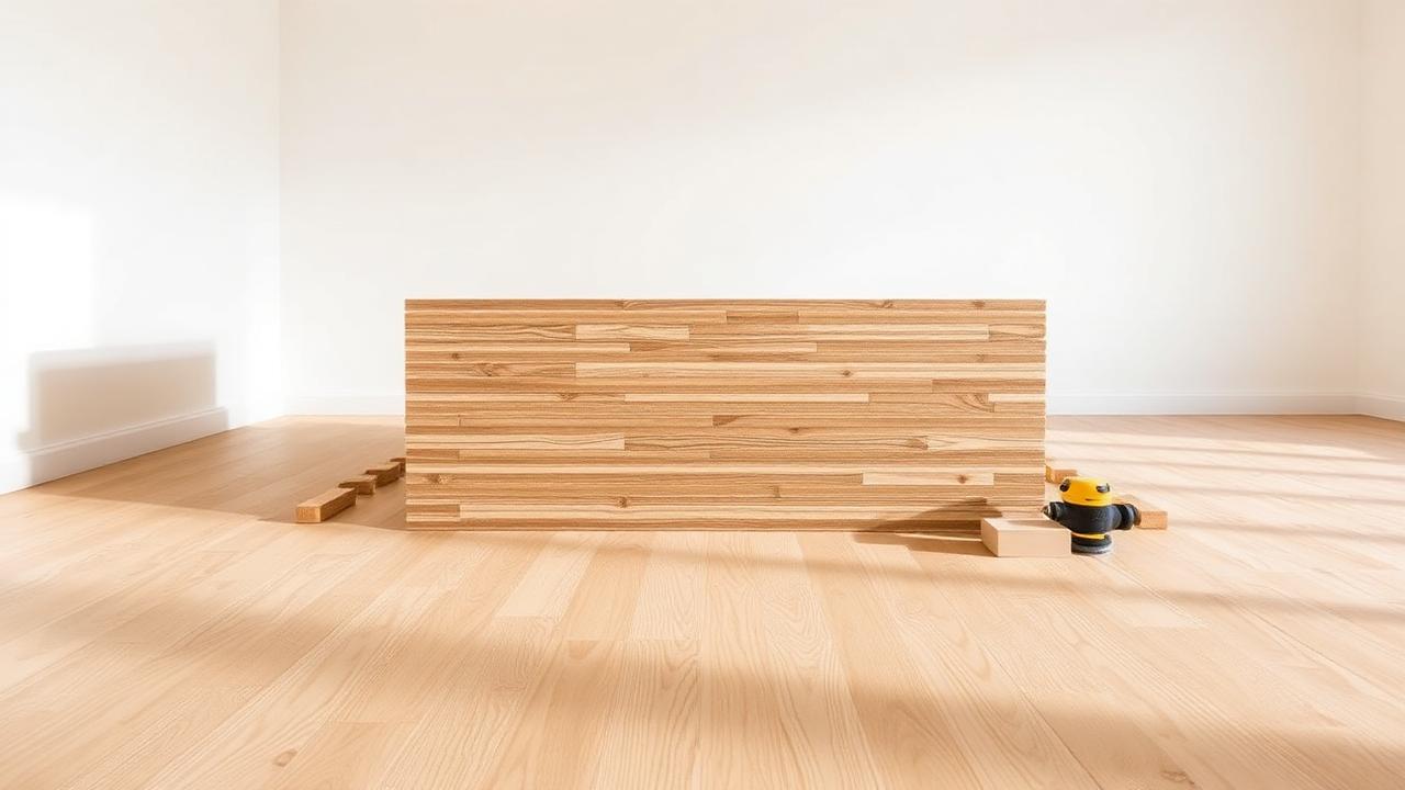Planks of wood flooring being laid across a bright room