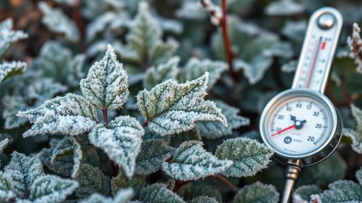 Frost crystals on garden leaves beside a thermometer at dawn