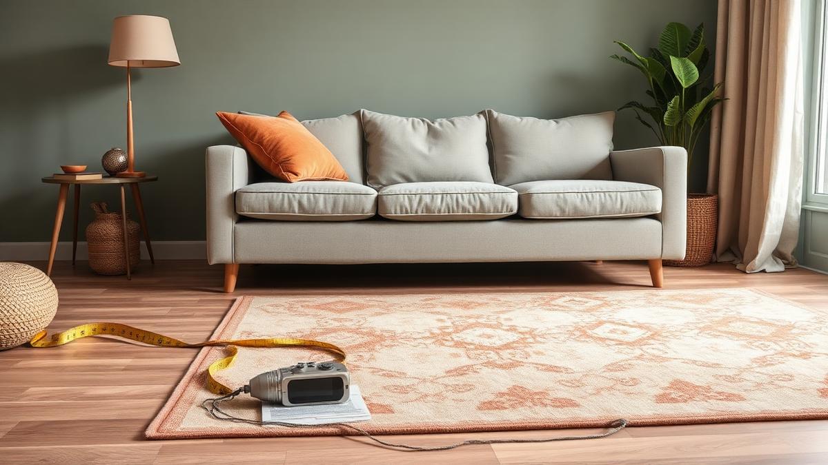 Measuring a living room floor beside a sofa and rug