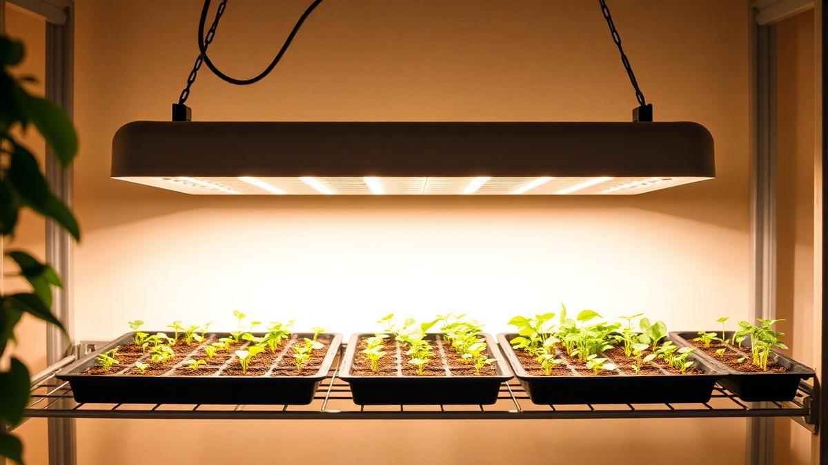 LED grow light hanging above trays of seedlings indoors