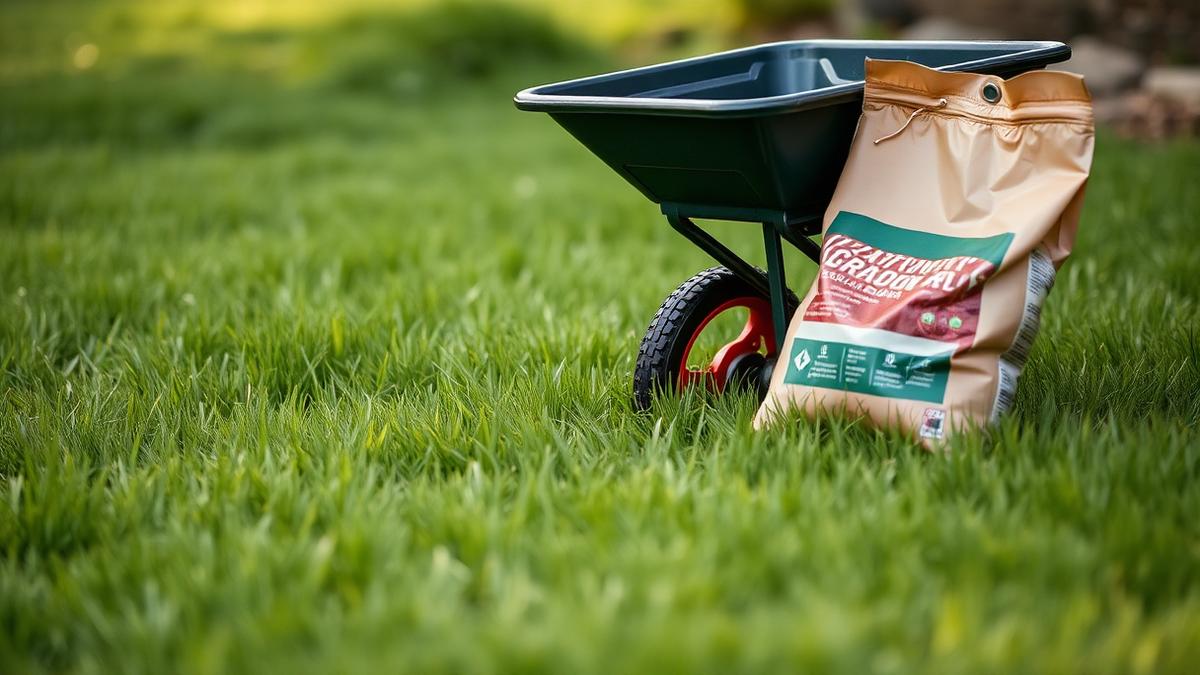 Fertilizer spreader and a bag of granular feed on green grass