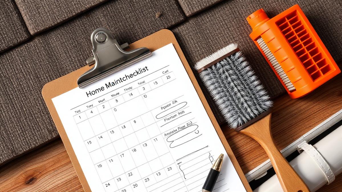 Home maintenance checklist on a clipboard with tools