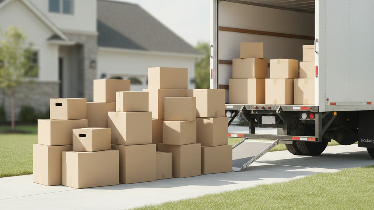 Stacked moving boxes beside an open moving truck