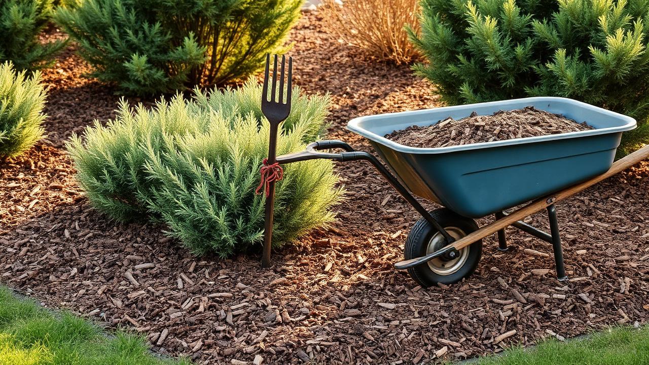 Bark mulch spread evenly around shrubs in a garden border