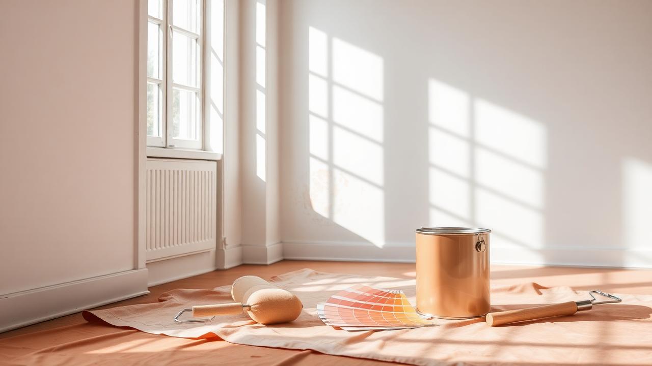 Paint roller and tray beside a half-painted interior wall