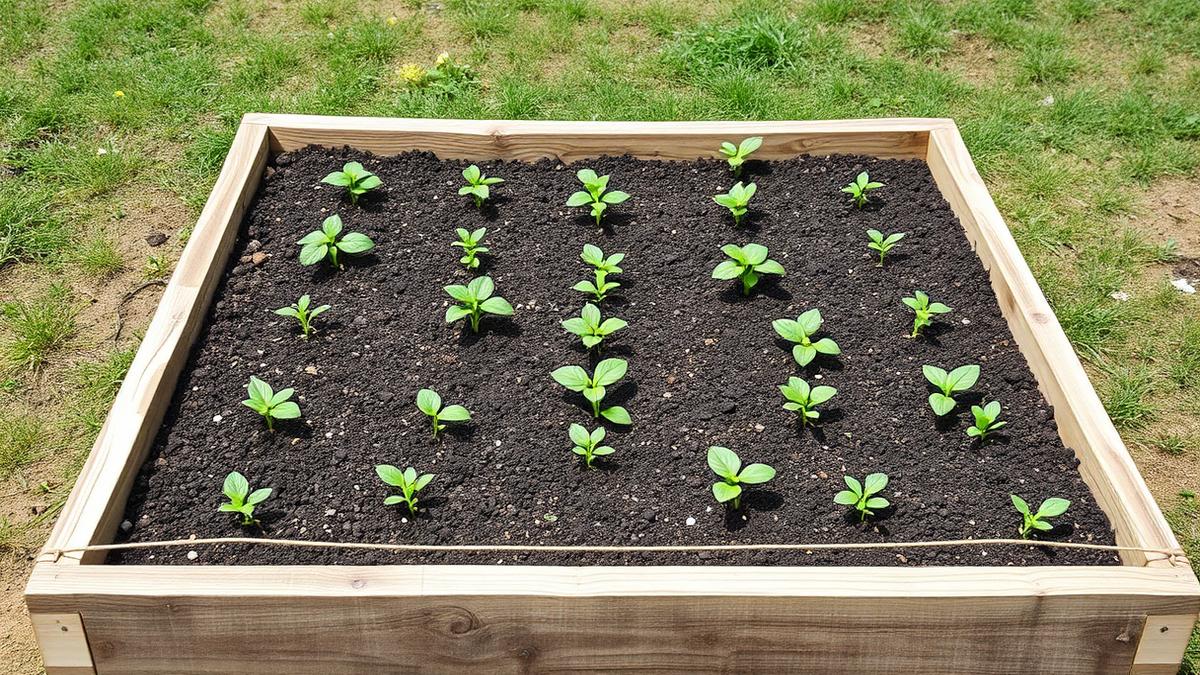 Raised bed marked into a grid with evenly spaced seedlings