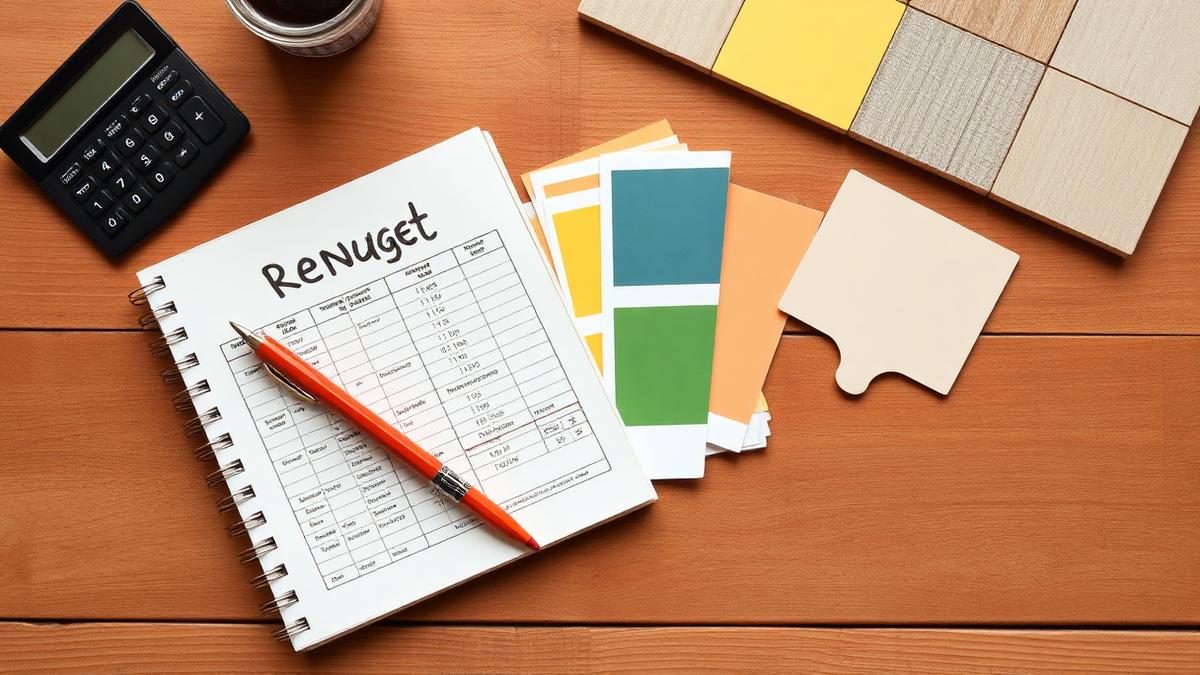 Budget notebook, calculator and material samples on a table