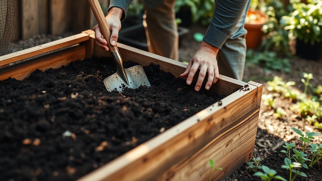 Timber raised bed being filled with dark soil and compost