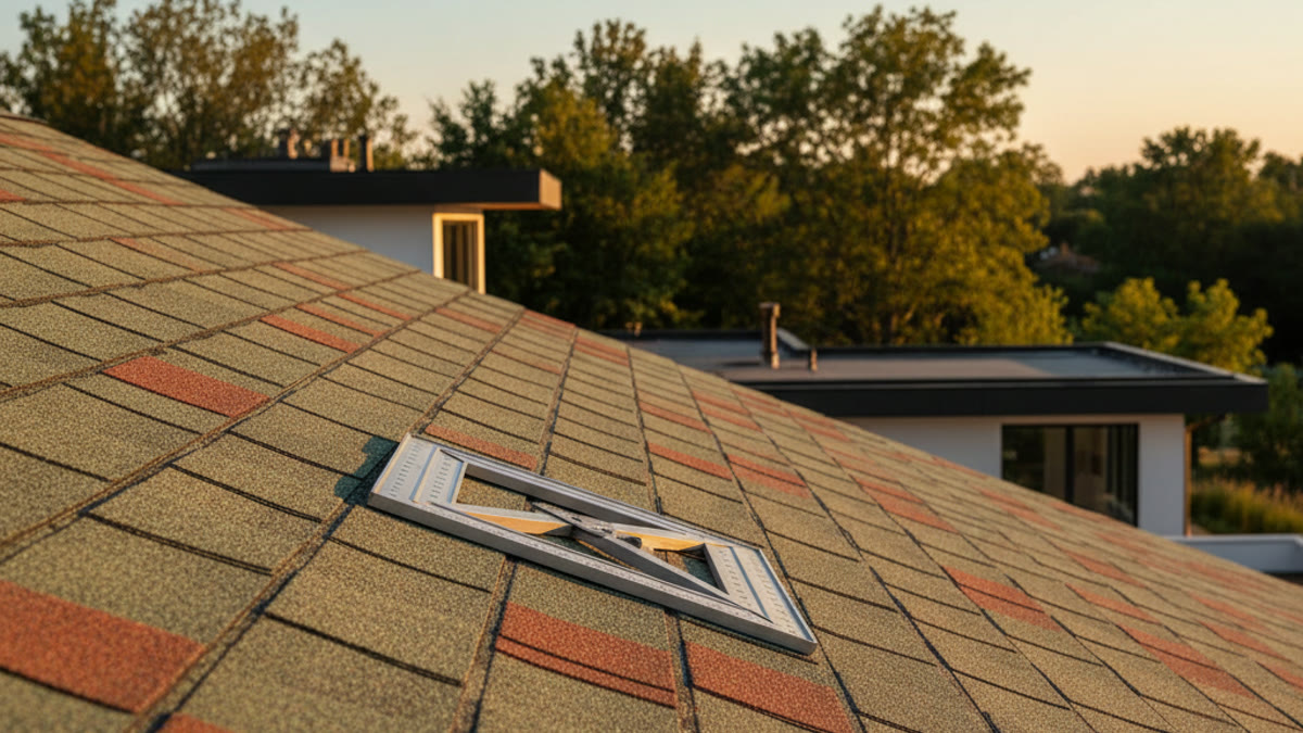 Roofer measuring pitch on a shingled roof section