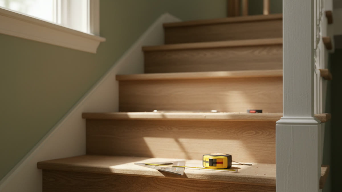 Tape measure marking rise and run on a wooden staircase
