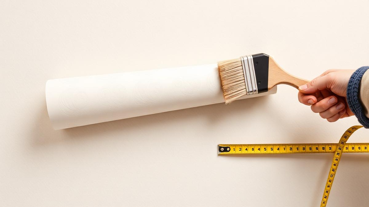 Wallpaper roll being smoothed onto a wall beside a tape measure