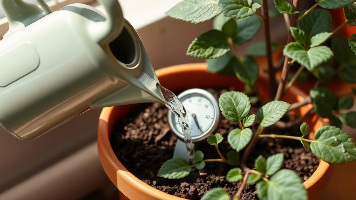 Watering can pouring into a potted plant with a moisture meter