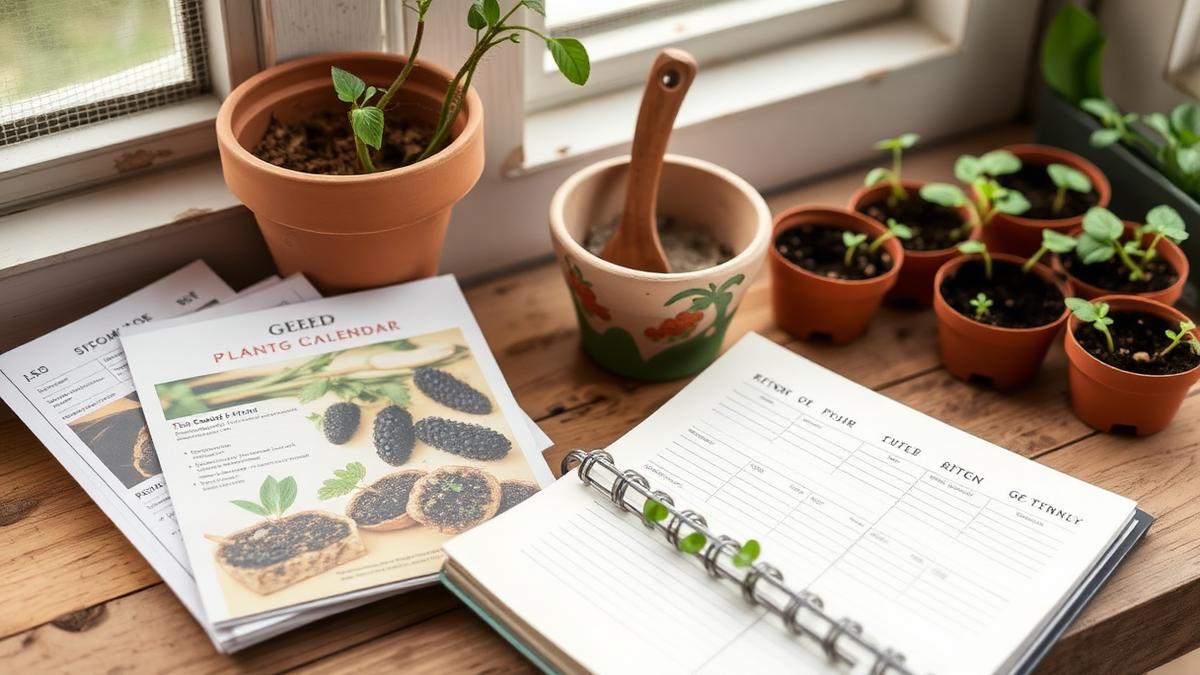 Seed packets and a planting calendar beside young seedlings